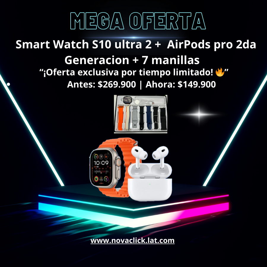 Smart Watch S10 ultra 2 + Airpods Segunda Generación + 7 Manillas